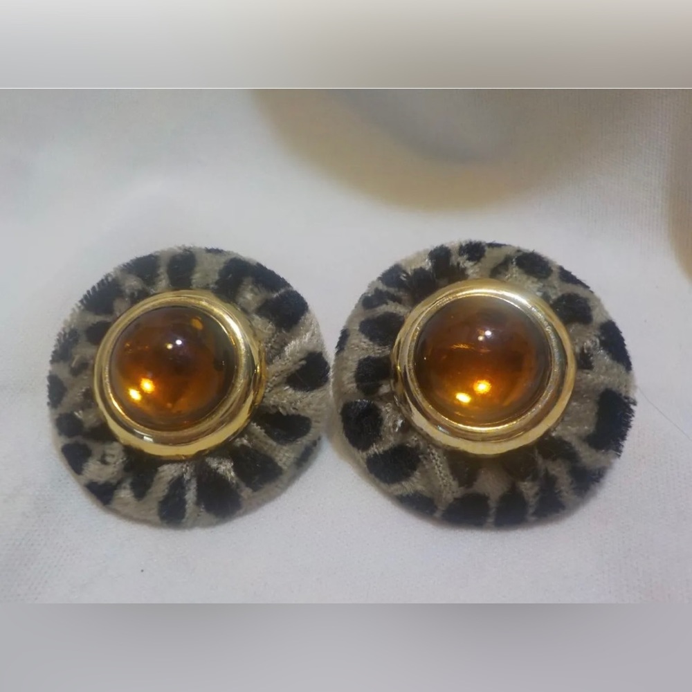 vintage PIERCED fashion earrings leopard print Velvet w/ Amber colored middle